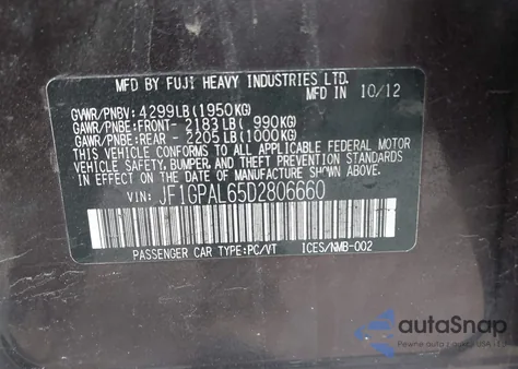 2013 Subaru Impreza 2.0I Sport Premium from USA, damaged, VIN JF1GPAL65D2806660